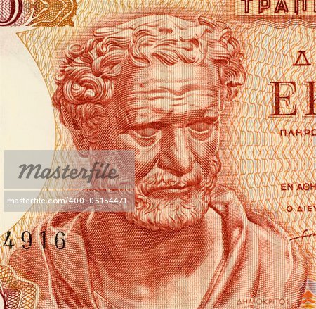 Democritus on 100 Drachmai 1967 Banknote from Greece. Ancient Greek philosopher. The most influental before the socratic era. His atomic theory may be regarded as the culmination of early Greek thought. He is considered as the "father of modern science".