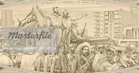 Fidel Castro with Rebel Soldiers Entering Havana in 1959, on 1 Peso 1986 Banknote from Cuba.