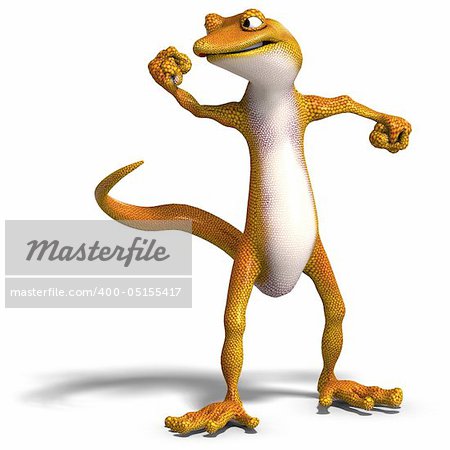 funny toon gecko. 3D render with clipping path and shadow over white