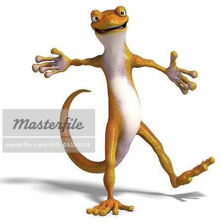 funny toon gecko. 3D render with clipping path and shadow over white