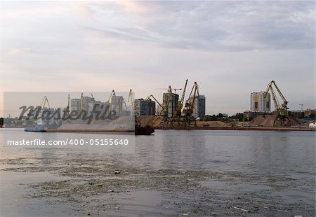 The barge at polluted river in Moscow, Russia