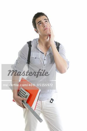 Caucasian student worried with negative gesture isolated on white