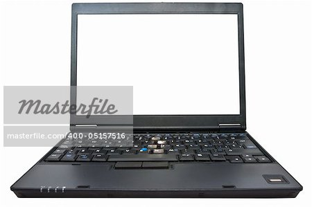 Black laptop open with a blank screen ready for text, images or anything else.