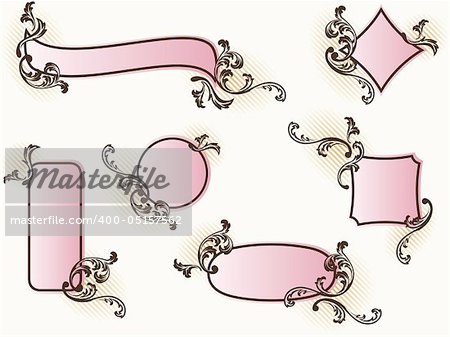 6 Elegant retro banners inspired by French rococo style. Graphics are grouped and in several layers for easy editing. The file can be scaled to any size.