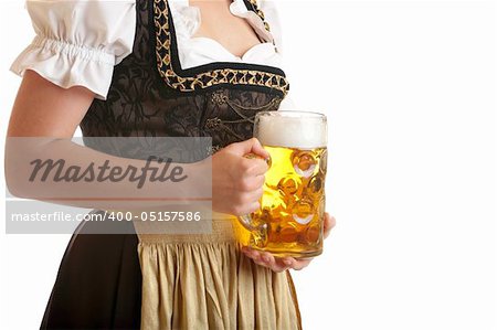 Close-up of a Bavarian Girl dressed with a Dirndl holding an Oktoberfest Beer Stein in her hand