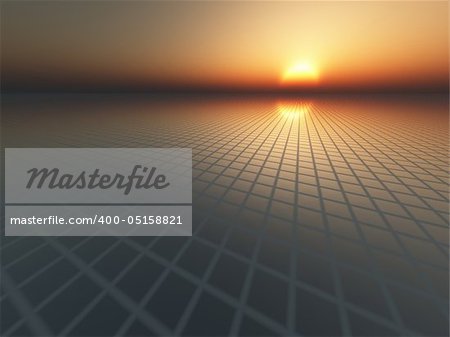 An infinite perspective grid over horizon towards sunset sky. Use as an abstract business or technology background.