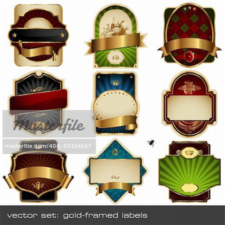 set of nine luxurious vector labels with golden elements on different topics