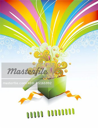 greeting card or background with gift-box and rainbow-colored swirls