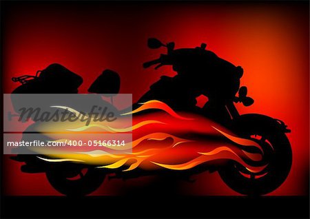 Vector graphic motorcycle on fire. Silhouetted against the flames