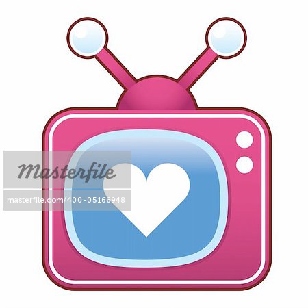 Heart or love icon on pink retro television set suitable for use in print, on websites, and in promotional materials.
