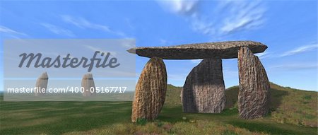 3D render of a dolmen landscape under a blue sky