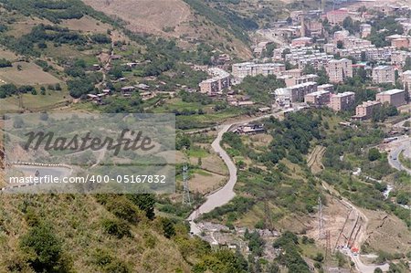 Kajaran city in Armenia, aerial view on city on valley