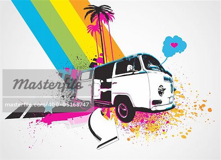 Vector illustration of style Decorative urban background with funny retro bus