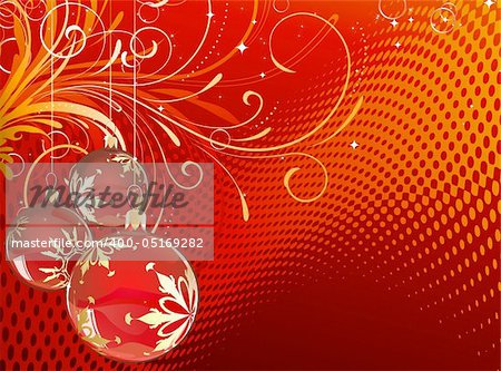 Vector illustration of red Holiday card with christmas balls on floral Decorative background