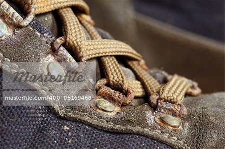 close up image on classic used trekking shoes
