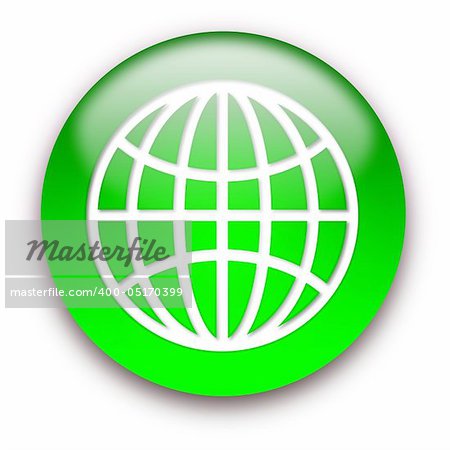 Glossy globe sign button isolated over white background