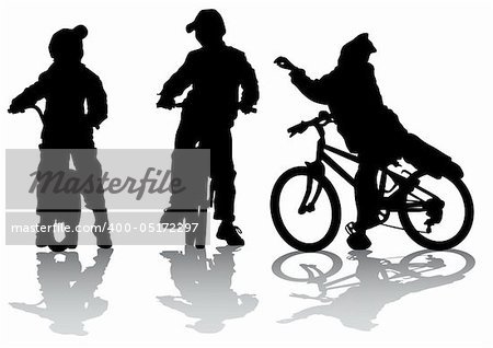 Vector drawing cyclists group kids. Silhouette on white background