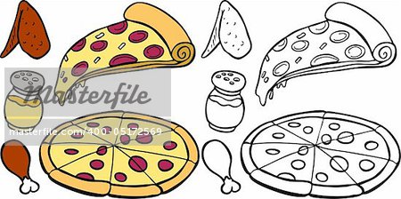 Cartoon image of a variety of different pizza and wings food items - both color and black / white versions.