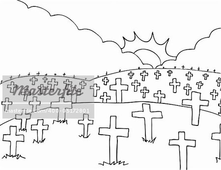 Peace image of a cemetery with white crosses - black and white version.