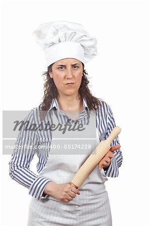 Angered cook woman holding a wooden rolling