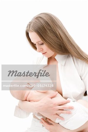 Little baby breast feeding. Isolated on white background