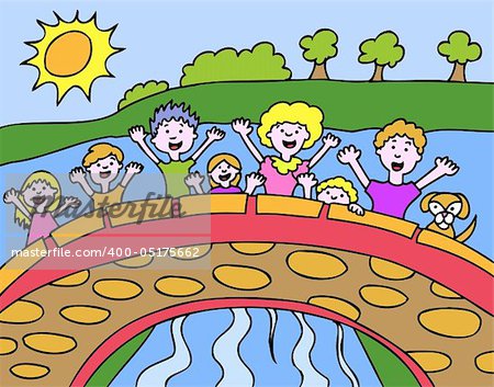 Children wave from a bridge in the park.