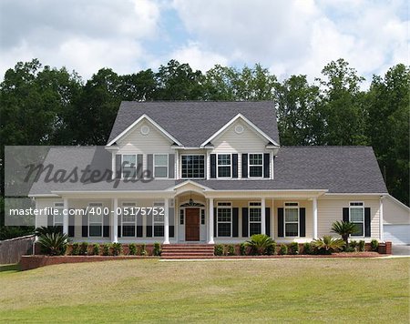 Two story residential home with with board siding on the facade.