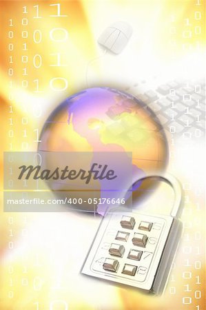 Globe, lock, computer mouse, binary codes