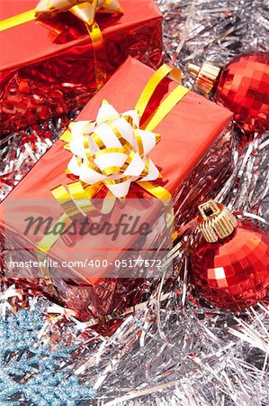 Christmas balls among silver glittering decoration