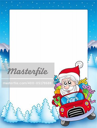 Frame with Santa Claus driving car - color illustration.