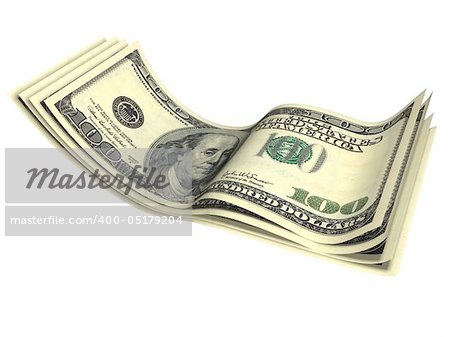 Isolated on white 3D rendered image of several dollars banknotes