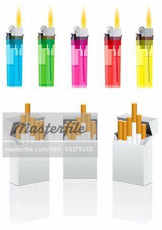 Vector cigarettes and cigarette lighter on white