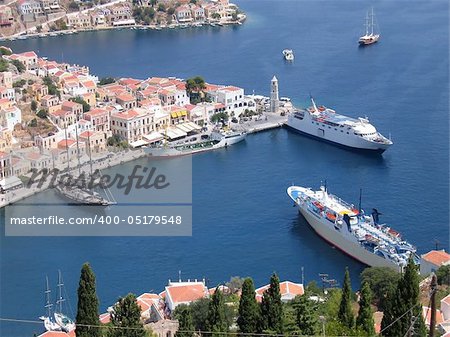 Aerial veiw on the vessels in the harbor of the Greek city