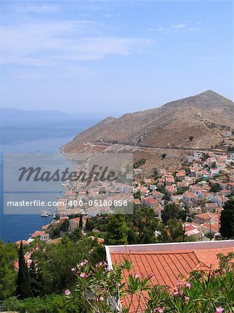 Aerial view of Greek city. sea and mountain in island of Symi