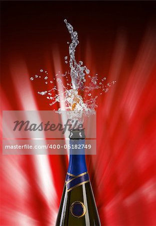 champagne bottle with shooting cork on RED background