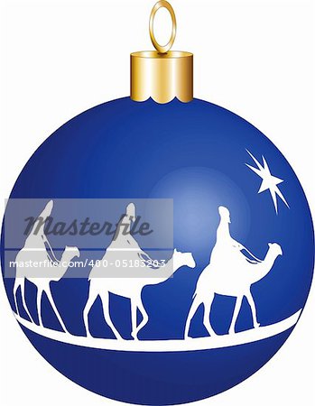 Three wise men on camels going to see baby Jesus didplayed on a christmas ornament. Vector Illustration
