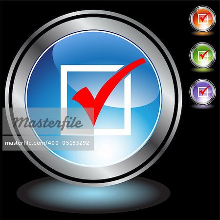 A set of 3D icon buttons in silver chrome - red checkmark.