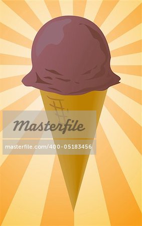 Ice cream cone illustration, chocolate scoop on radial burst background