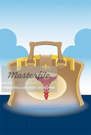 3D image of a medical bag with caduceus symbol.