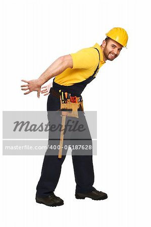 portrait of smiling young manual worker on white background