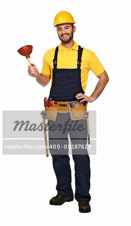caucasian smiling plumber isolated on white background