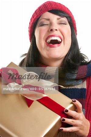 Happy, Attractive Woman Holds Holiday Gift Isolated on a White Background.