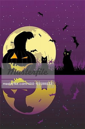 Halloween pumpkin and cat, sleeping under the moon, vector illustration for your design.