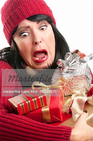 Excited, Attractive Woman Balancing Holiday Gifts Isolated on a White Background.