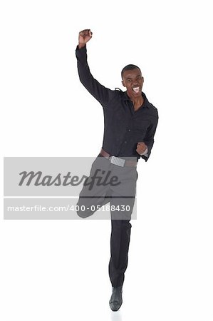 Young Adult black african businessman wearing a dark smart-casual suit without a jacket on a white background in various poses with various facial expressions. Part of a series, Not Isolated.