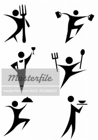 Eating stick figure icon set isolated on a white background.