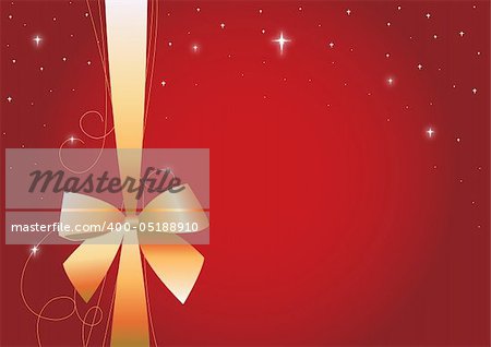 Gold satin bow on red background.