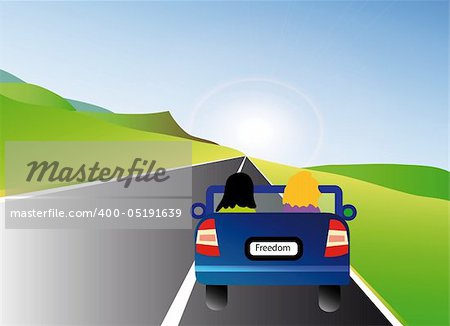 nice illustration of blue car with two people in landscape