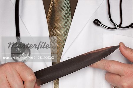 Doctor with Stethoscope Holding A Very Large Knife.