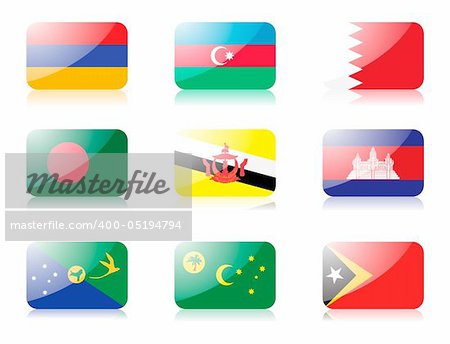 Glossy vector flags. Set one of flags from Asia. 1st row: Armenia, Azerbaijan, Bahrain 2nd row:  Bangladesh, Brunei, Cambodia 3rd row: Christmas Island, Cocos (Keeling Islands), East Timor